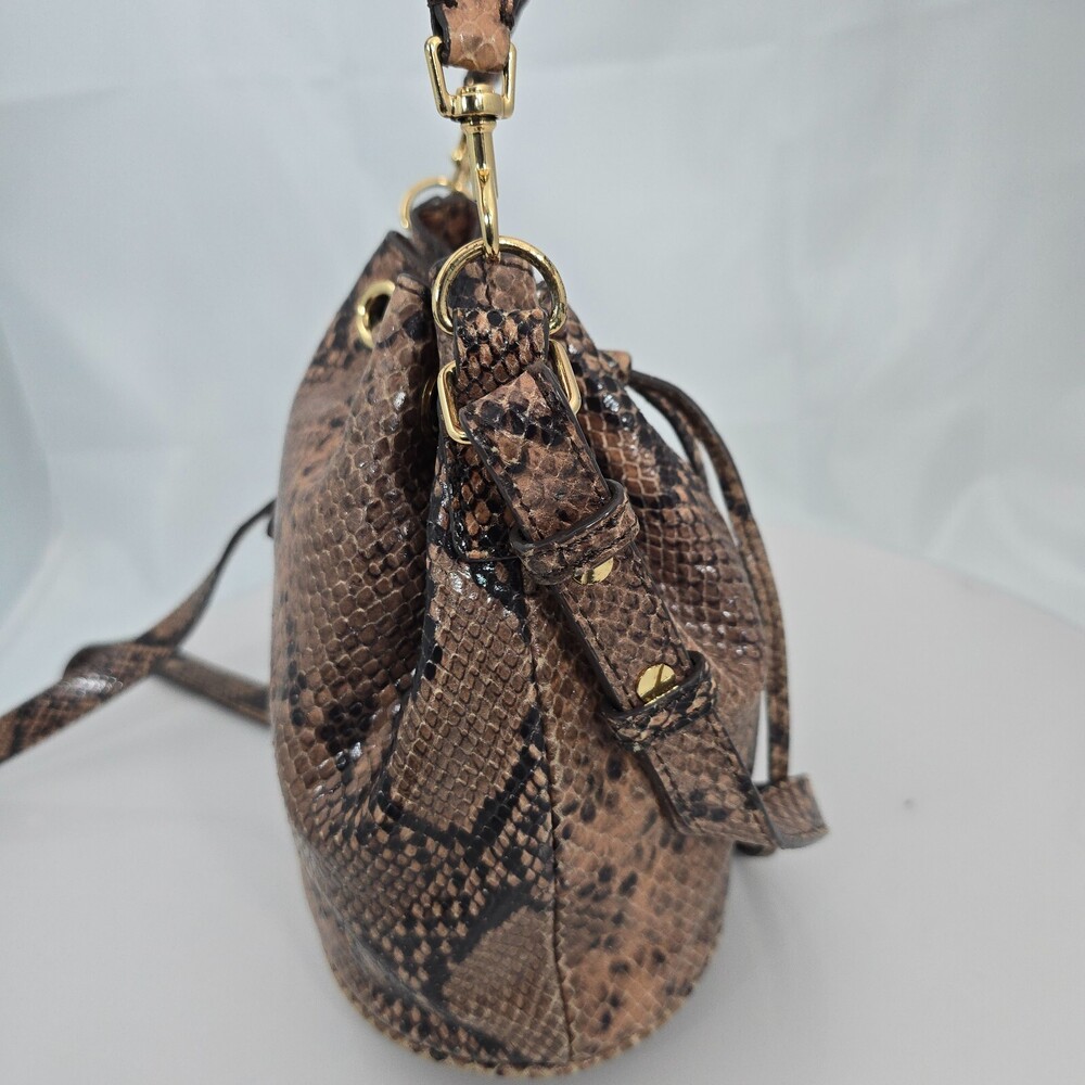 ANN TAYLOR Brown Snakeskin Leather Drawstring Shoulder/Crossbody Bucket Bag - Picture 3 of 16
